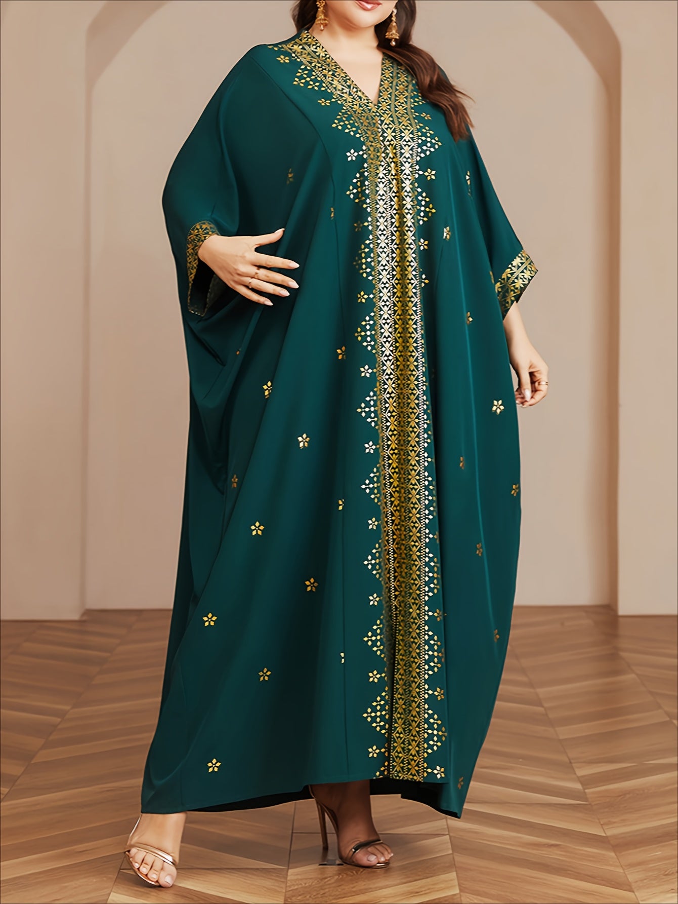 Polyester Long Kaftan | V-Neck Tribal Pattern Woven Non-Stretch, Middle East Golden Tassel, Batwing Sleeve Abaya, Plus Size, All Season