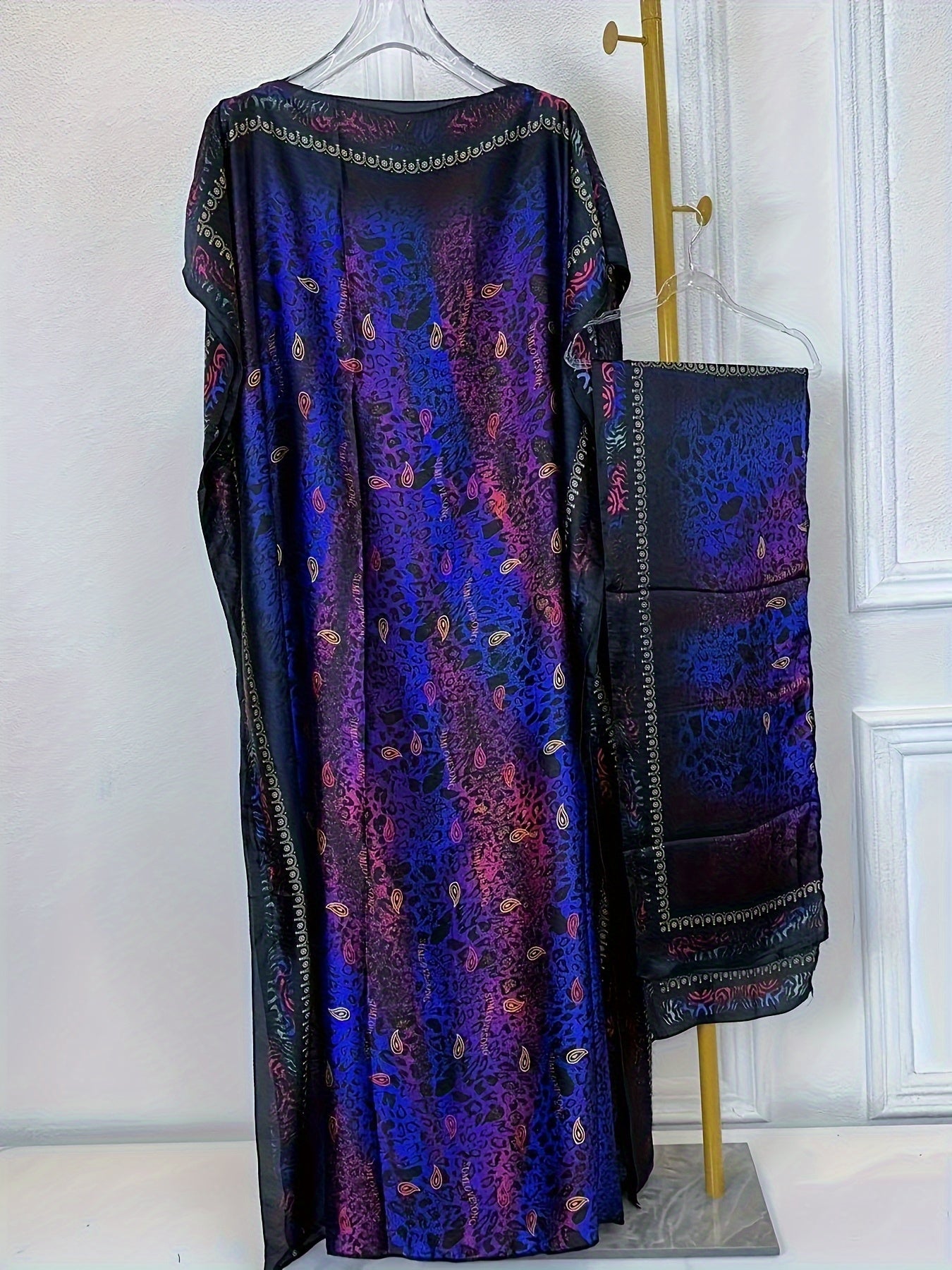 Women's Middle Eastern Style Color-Block Batwing Sleeve Long Cover-Up Abaya Dress with Scarf - Loose Fit H-Shaped All-Season Lightweight Beach Pool Party Dress