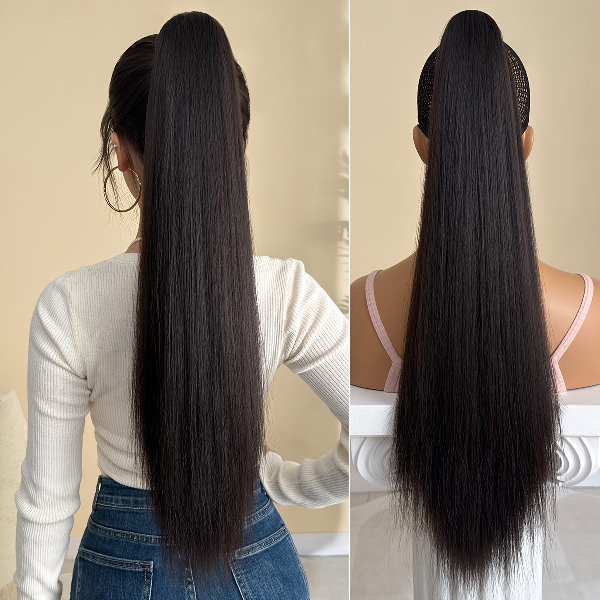 [YUSULAXI Ombre Hair Extension] YUSULAXI 26" Long Straight Heat-Resistant Synthetic Hair Ombre Black to Brown Claw Clip Ponytail Extension - Voluminous Texture for Women's Daily Use