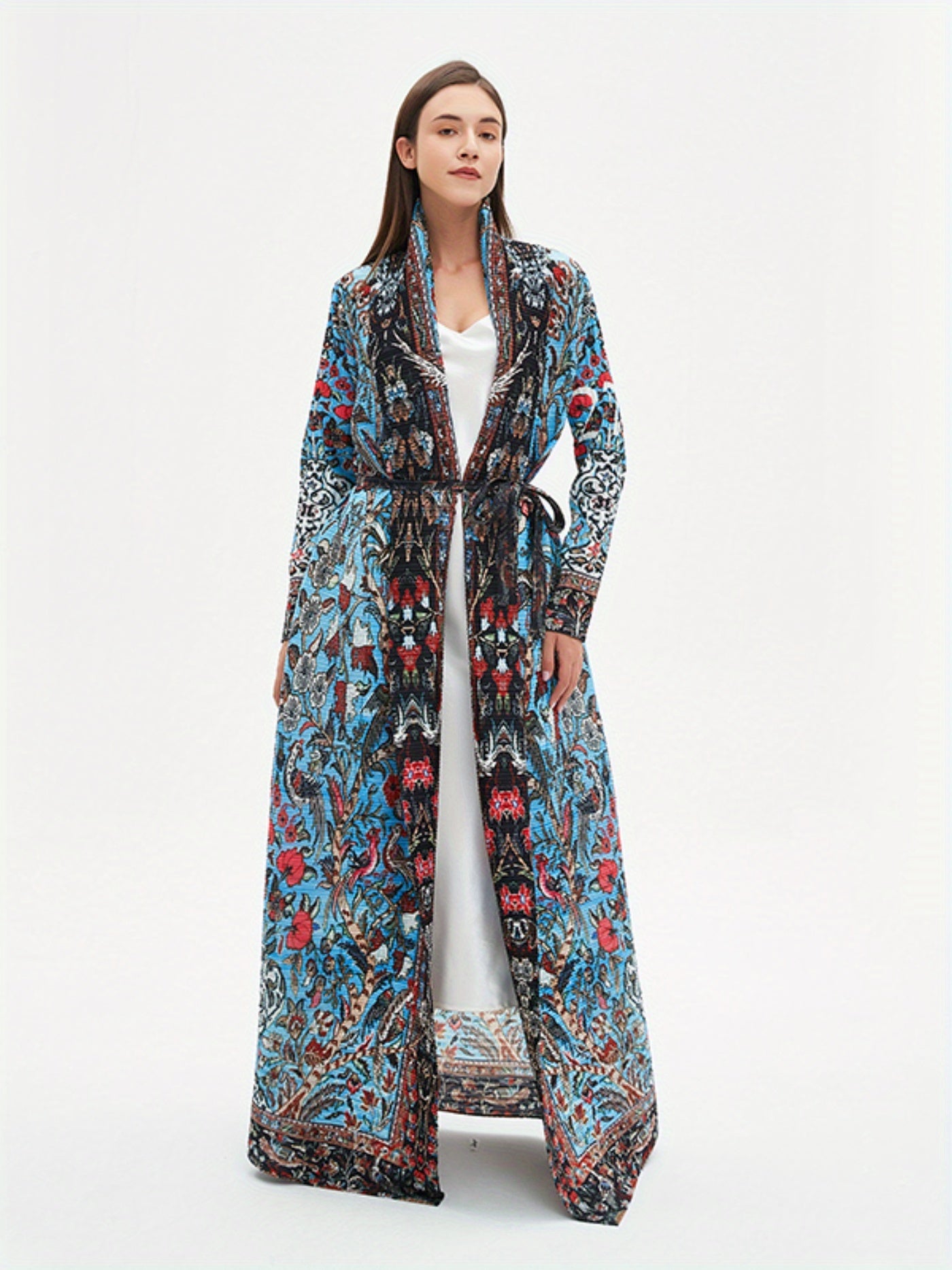 Elegant Middle Eastern-Inspired Geometric Print Abaya Dress with Intricate Embroidery - Lightweight Polyester, High Elasticity, Sun Protection, Perfect for Spring/Summer/Fall
