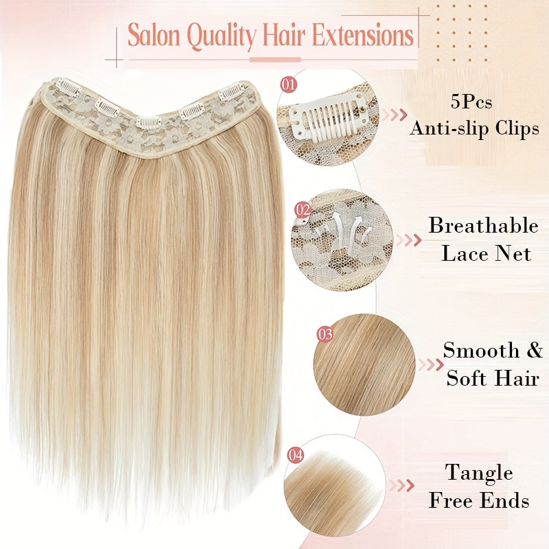 20-Inch Single Piece Clip-In Hair Extensions Made from Human Hair, Featuring an Upgraded V-Shape Design with Five Clips, Ideal for Women Seeking Long Hairpieces