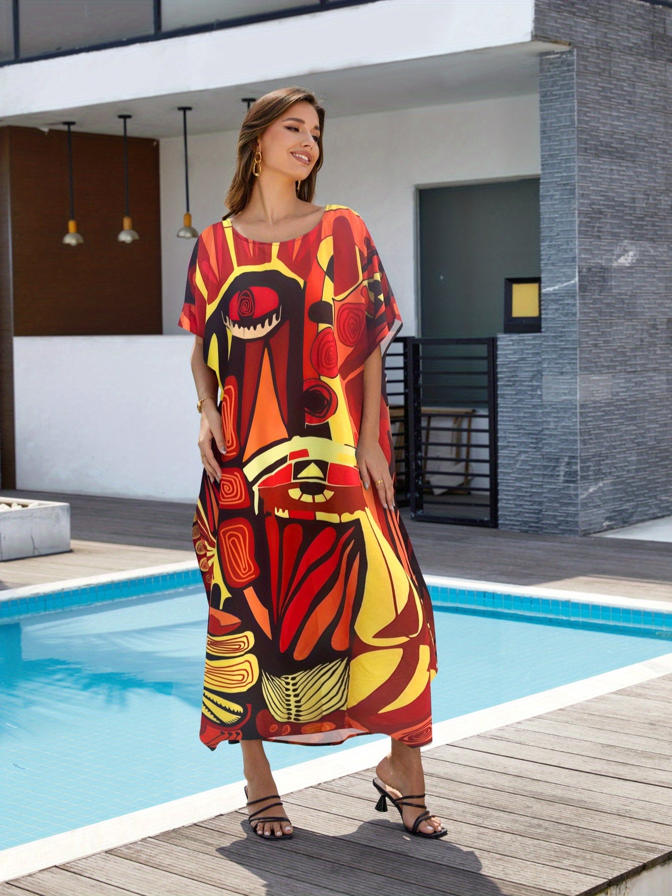 Women'S Plus Size Round Neck Short Sleeve Kaftan Dress Swimwear Tunic for Poolside & Tropical Vacation, Loose Fit Boho