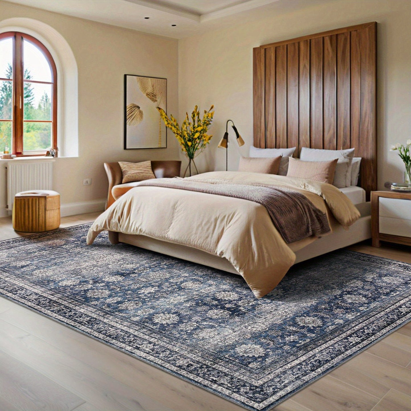 Large 10x13ft Oriental Floral Print Area Mat - Non-Shedding Low Pile Mat, Blue & Brown Beige Traditional Floor Mat for Living Room, Dining Room, Office - Machine Washable Soft Durable Mat with Elegant Floral Medallion Design