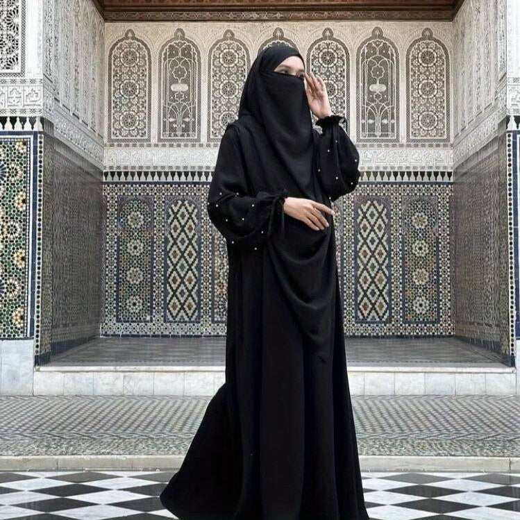 Middle Eastern Solid Color Women's Arabic Abaya with Pearl Sleeves and Long Scarf Set, Perfect for Daily Wear, Travel, and Ramadan Prayers