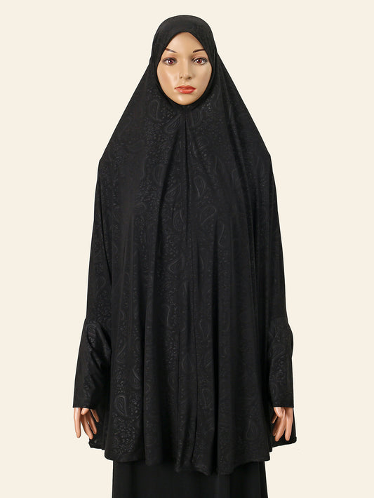 Women's Elegant Muslim Abaya Burqa Dress with Full Sleeves & Double Bar Headscarf - Solid Black Islamic Prayer Dress, Modest Eid Al-Fitr Outfit, Machine Washable All-Season Traditional Clothing