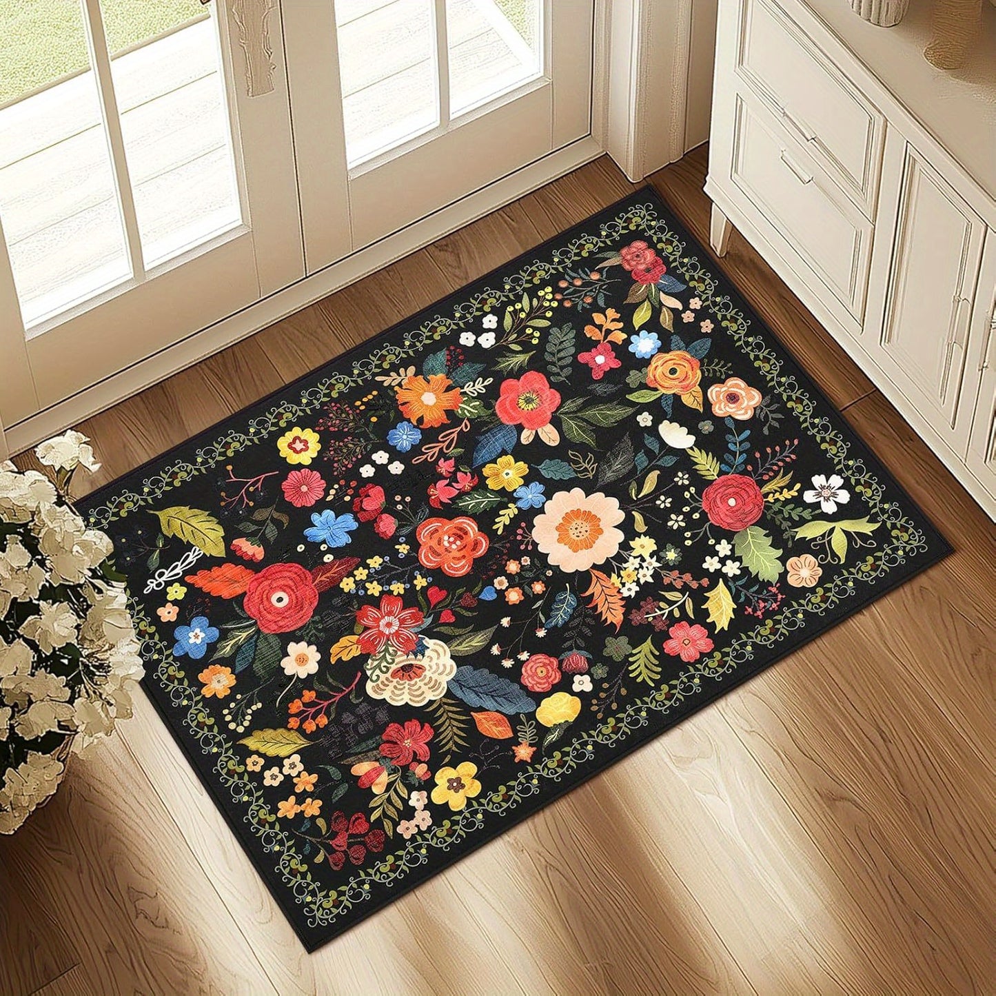 Boho Floral Rugs Door Mat, Living Room and Bedroom Decoration Mat - Home Decoration -Anti-Slip, Washable Entrance Mat with Rubber Backing, Durable Polyester, Ideal for Living Room, Bathroom, Kitchen, Laundry