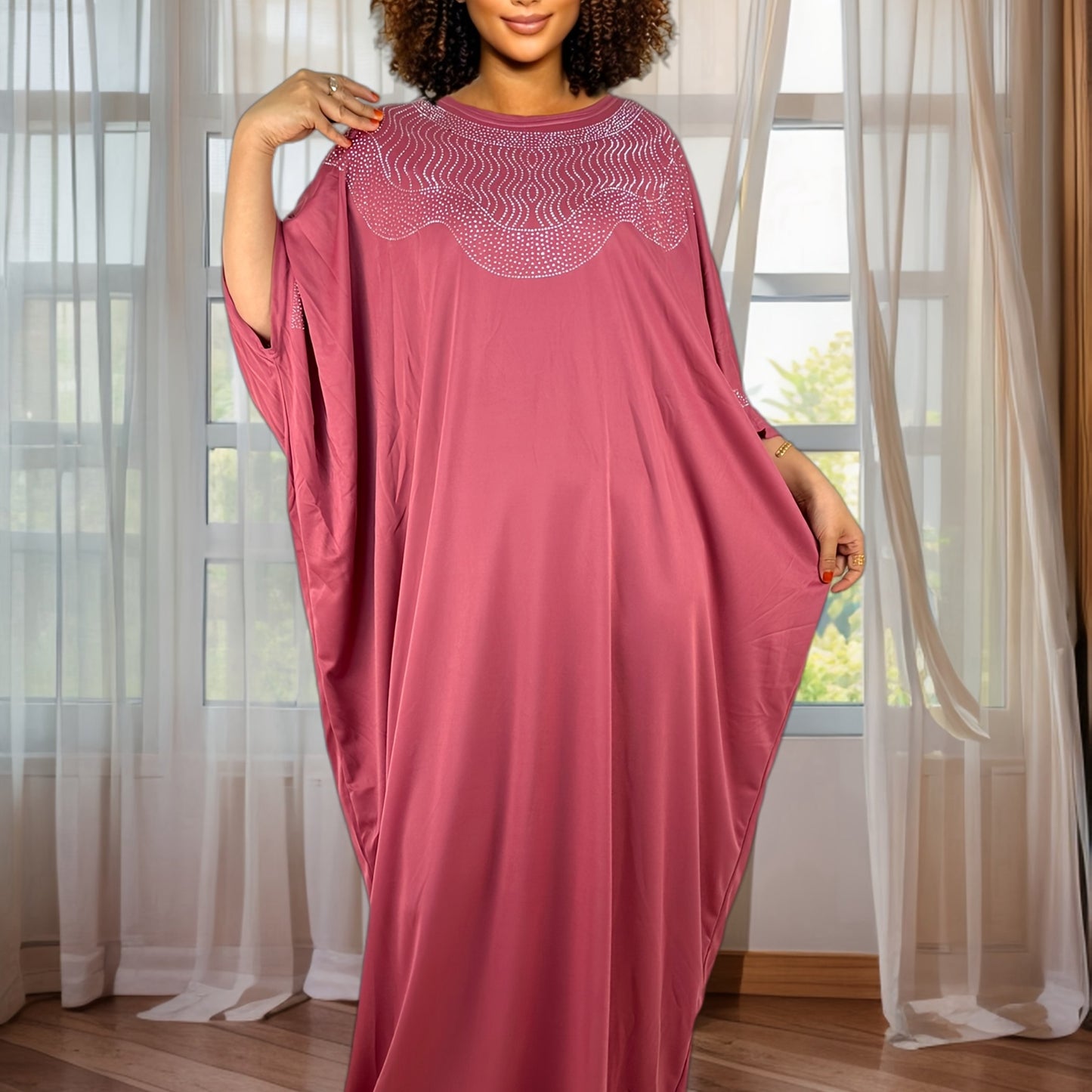 Plus Size - Plus Size - Zuan005#Black Long Robe with Rhinestones on The Front And Back