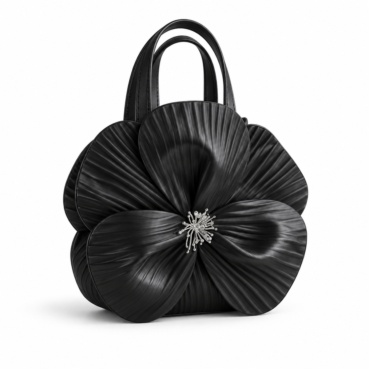 Elegant Black Pleated Flower Handle Clutch