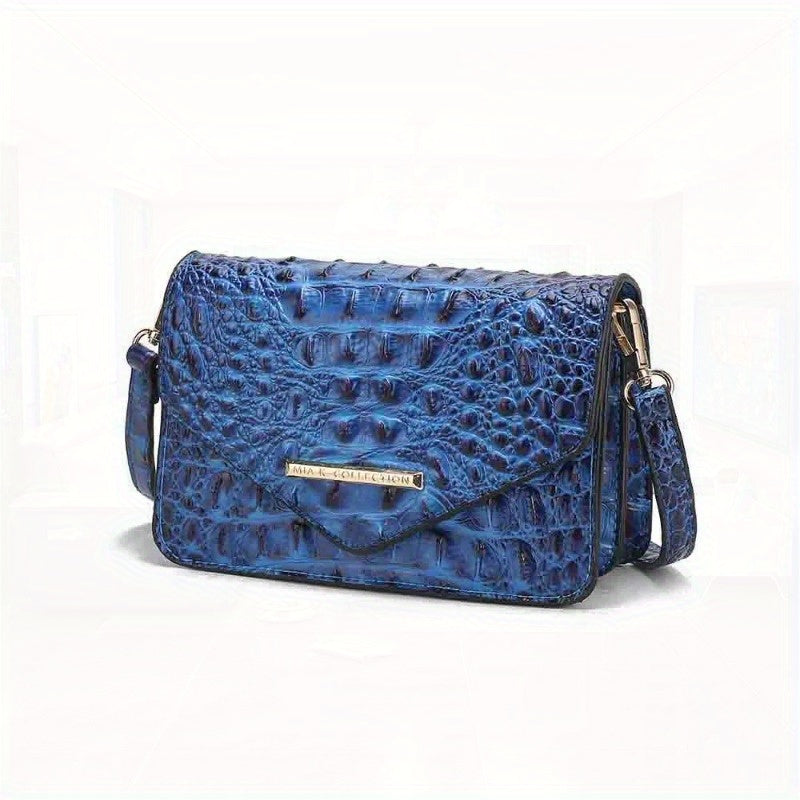 Saddle Croc-Embossed Leather Crossbody Shoulder Bag - Top-Grain Genuine Leather, Detachable Strap, Zipper Closure