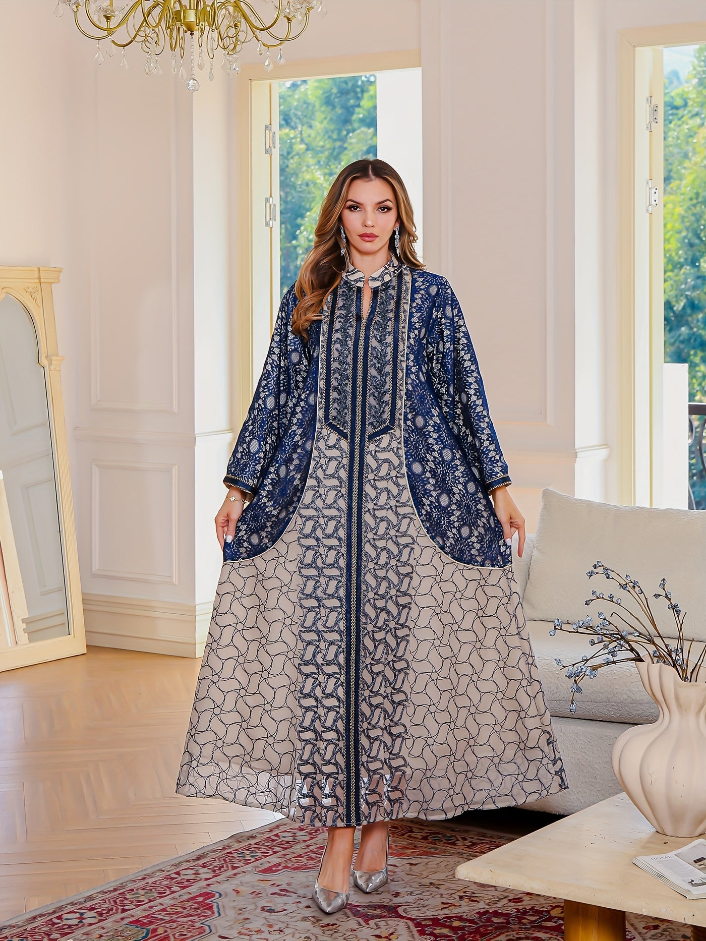 Polyester Abaya Long Dress | Geometric Pattern and Contrast Lace, Non-Stretch, Regular Sleeve, Modern Long Sleeve, All Seasons, Loose Fit, Woven Fabric, 200 g/m² Fabric Weight, 200 g/m²