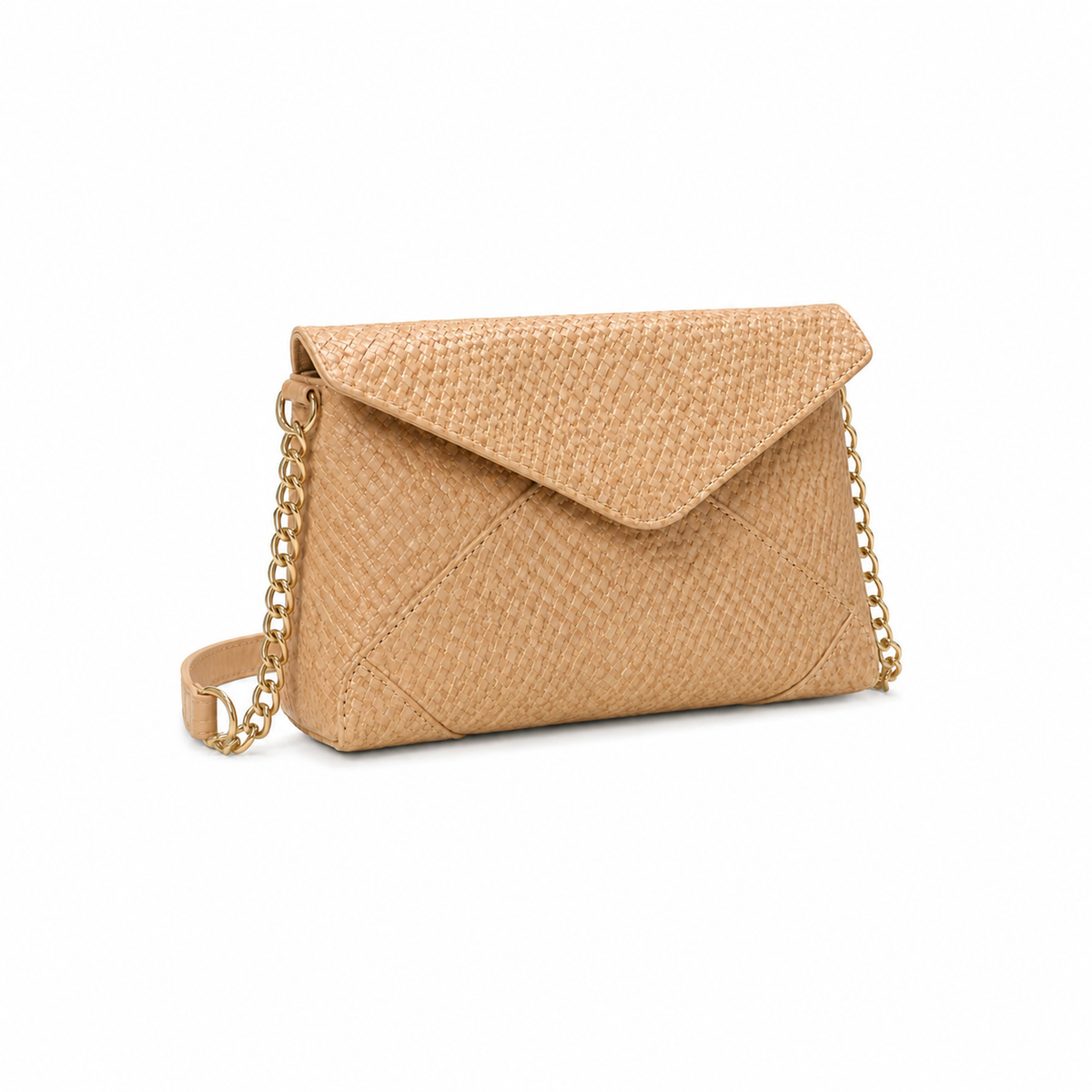 Beige Woven Gold Chain Crossbody Bag
