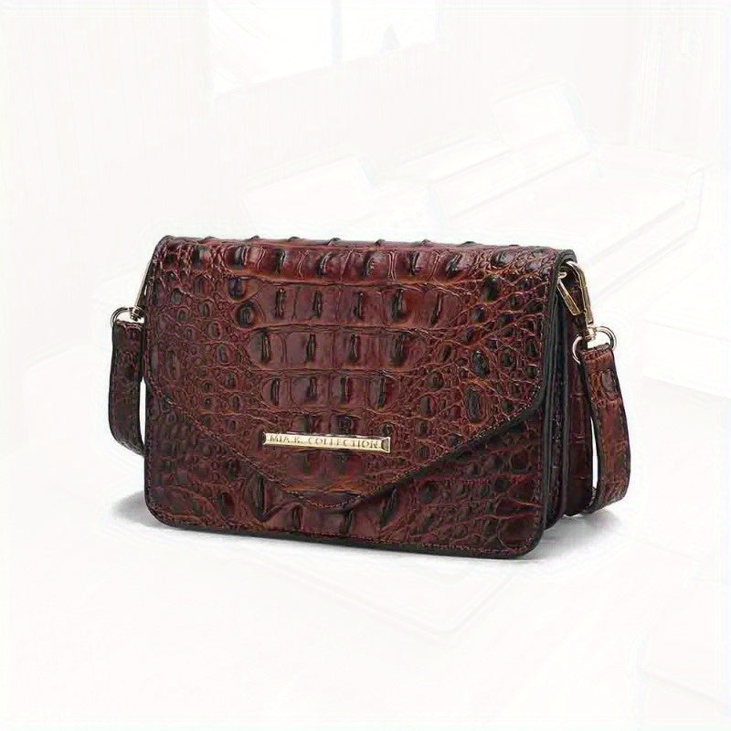 Saddle Croc-Embossed Leather Crossbody Shoulder Bag - Top-Grain Genuine Leather, Detachable Strap, Zipper Closure