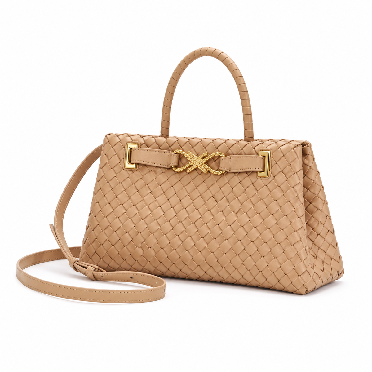 Elegant Camel Woven Top Handle Handbag