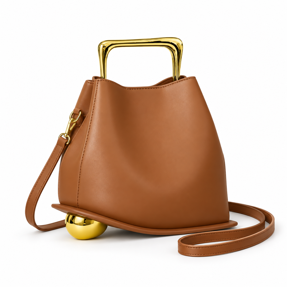 Caramel Leather Evening Clutch Gold Handle
