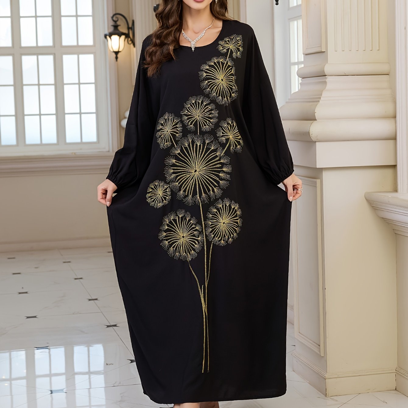 Plus Size, Women's Elegant Dandelion Embroidered Beach Cover-Up Robe Dress - Long Sleeve Loose Fit, Plus Size Black with Golden Floral Print, Lantern Sleeves & Long Length for Vacation, Poolside, Casual Outings, Beach Dress