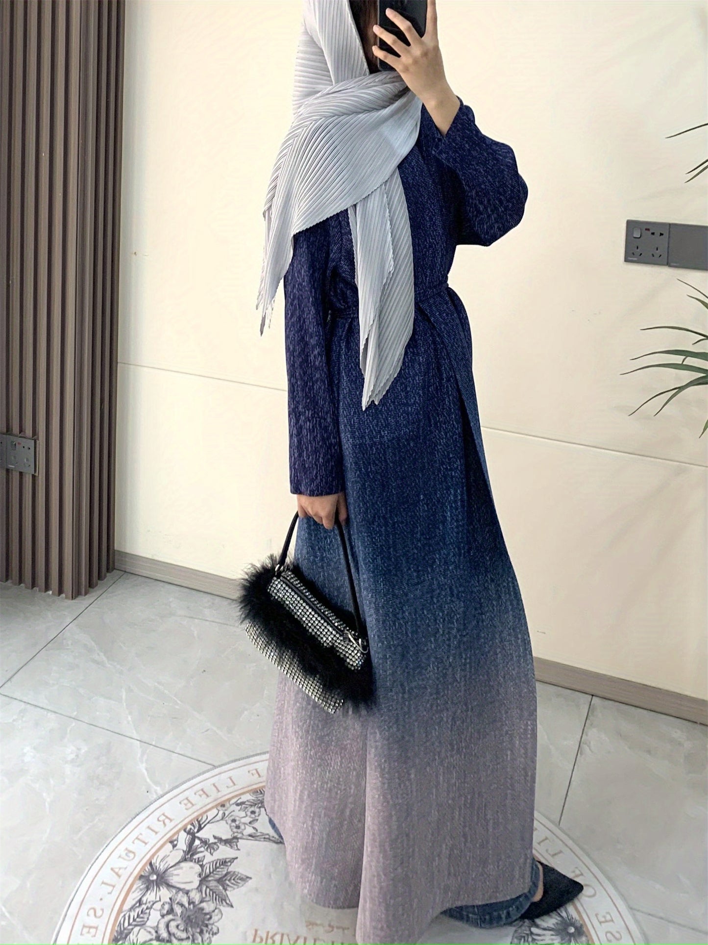 Miyake Women's Arab Noble Style Abaya Robe - High Stretch Pleated Long Sleeve Cloak with Adjustable Waist Belt, Geometric Print Ombre Blue to Grey, Machine Washable Lightweight Luxury for Eid