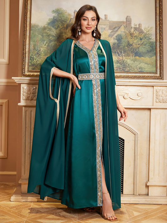 Arabian Middle Eastern Women's Long Abaya Dress Two-Piece Set, Embroidered Decoration, Chiffon V-Neck Dark Green, Elegant and Luxurious Court Style