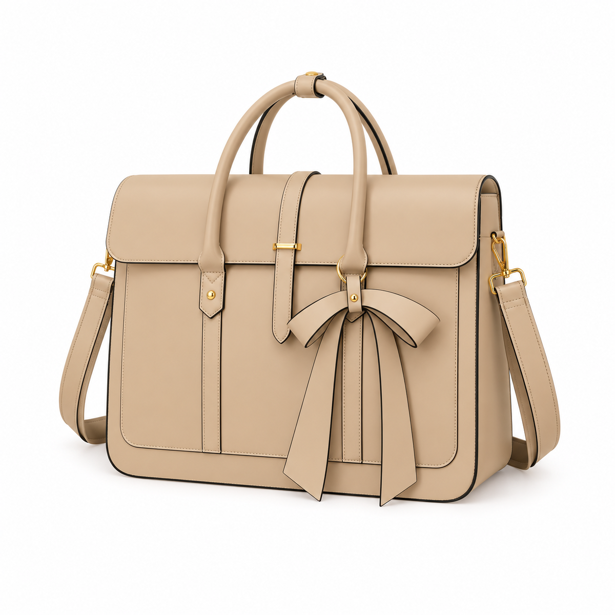 Beige Leather Laptop Bag With Bow