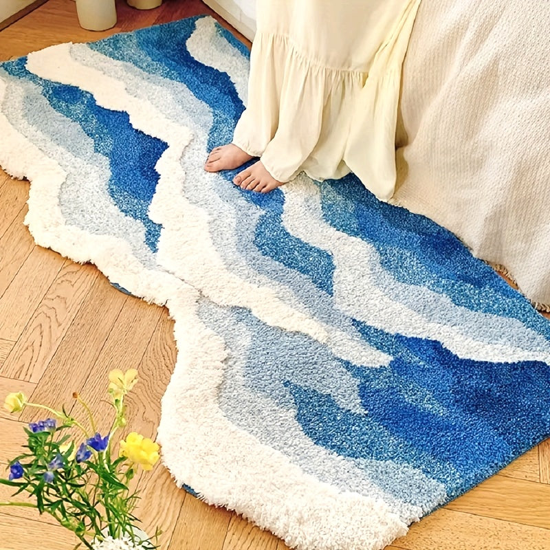 Ultra-Soft Blue Ocean Wave Tufted Rug - Thick, Non-Slip TPR Backing, Absorbent for Bathroom & Living Room Decor