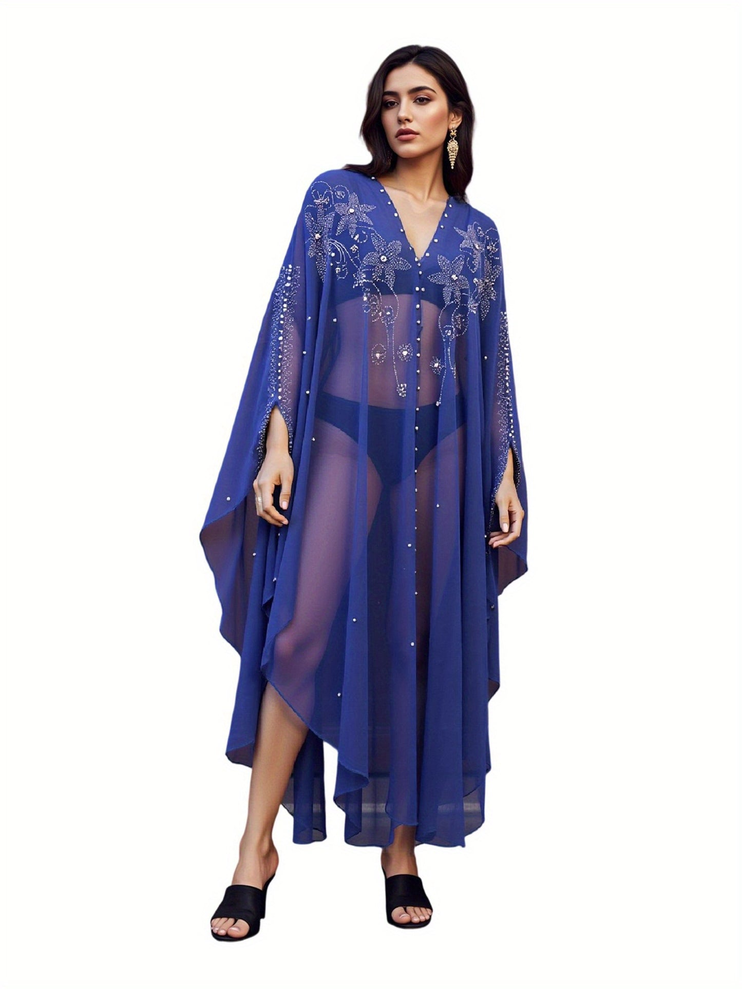 Women's Autumn Long Kaftan Dress Long Bat Sleeve Hooded Rhinestone Cape Abaya Arab Dress