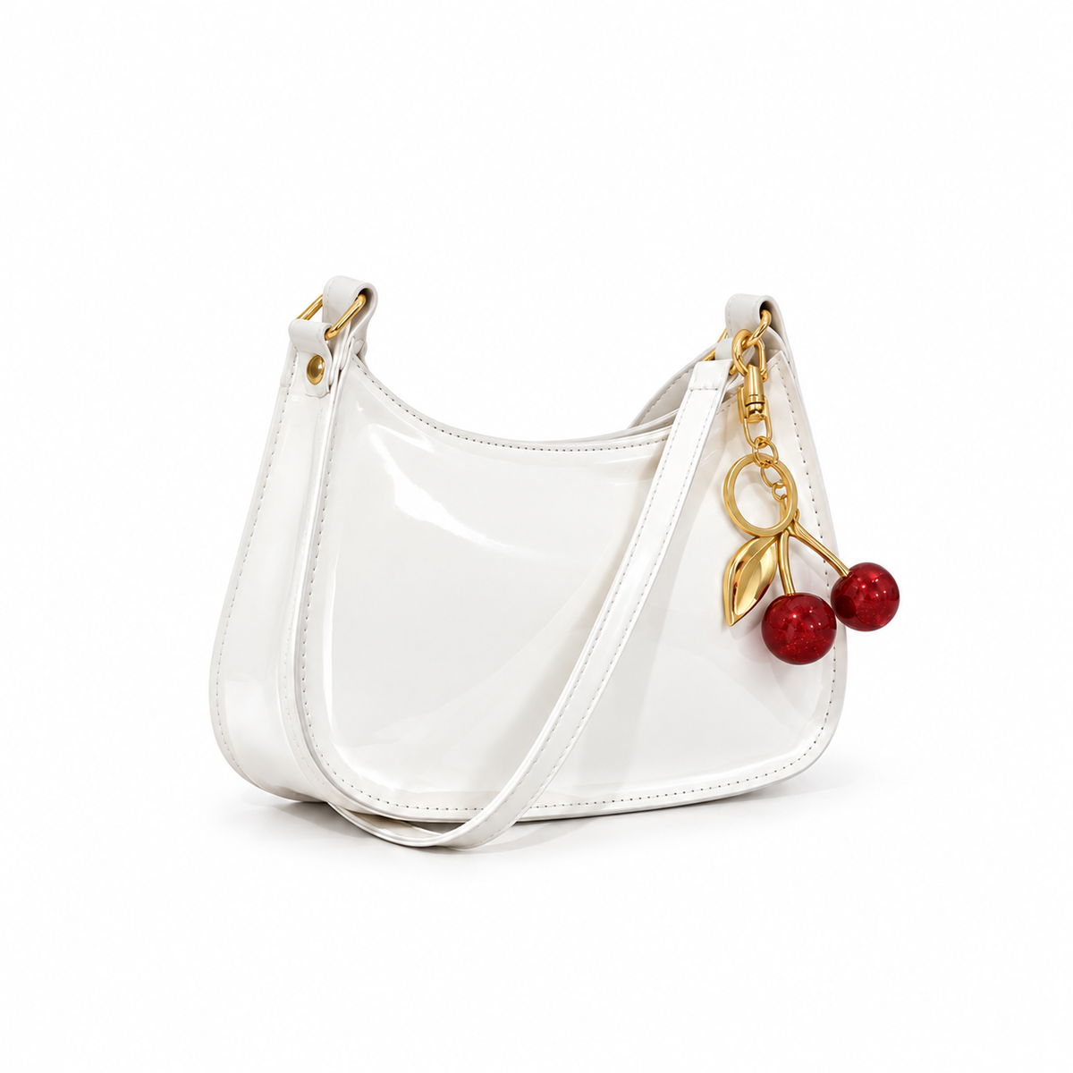 Glossy White Cherry Charm Shoulder Bag