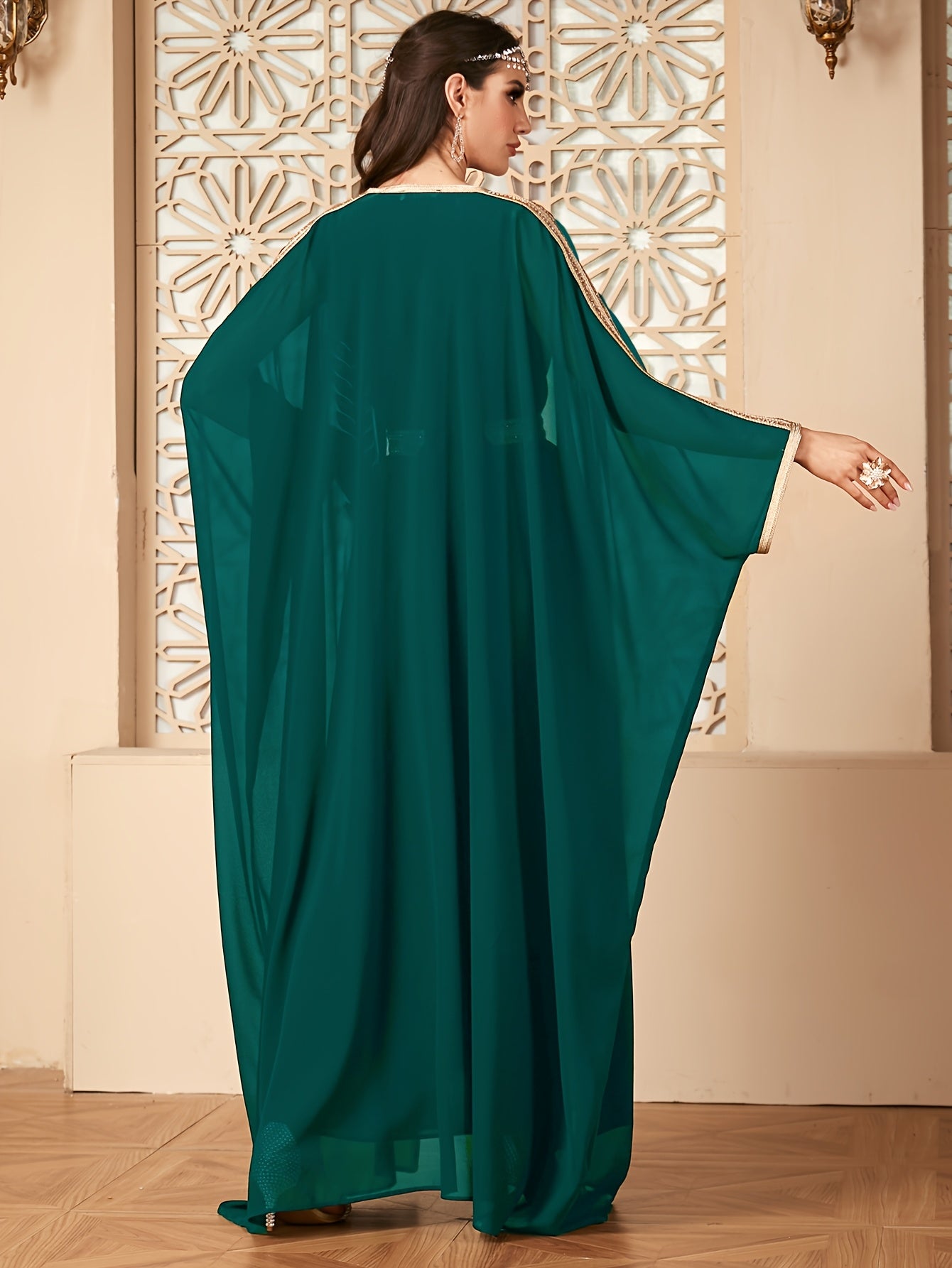 Middle East New Arrival Vest Abaya Dress + Open Cardigan Sequin Paneled Webbing Batwing Sleeve Long Robe Two-Piece Dress Set