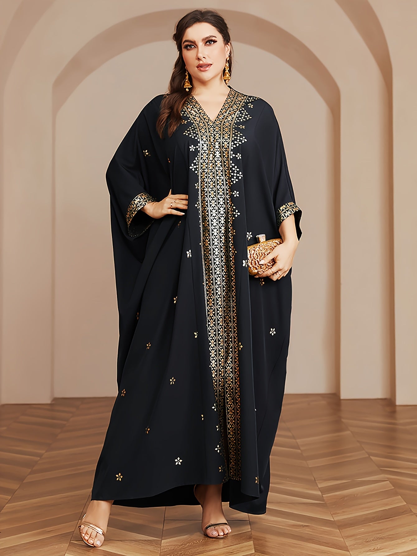 Polyester Long Kaftan | V-Neck Tribal Pattern Woven Non-Stretch, Middle East Golden Tassel, Batwing Sleeve Abaya, Plus Size, All Season