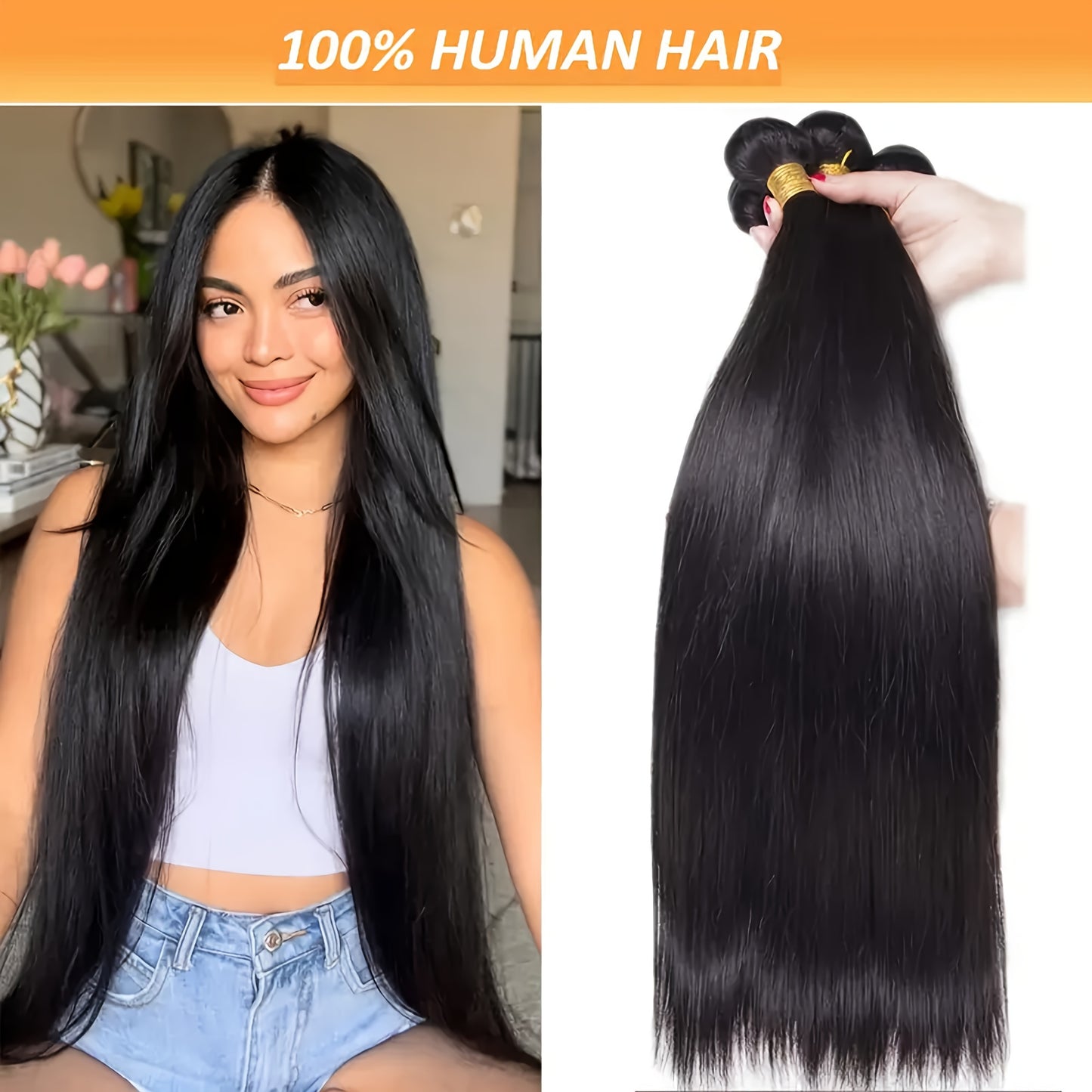 Three Bundles of Brazilian Straight Hair Made from 100% Unprocessed Human Hair, Featuring Double Wefts. These Virgin Straight Hair Extensions Are Designed for Women