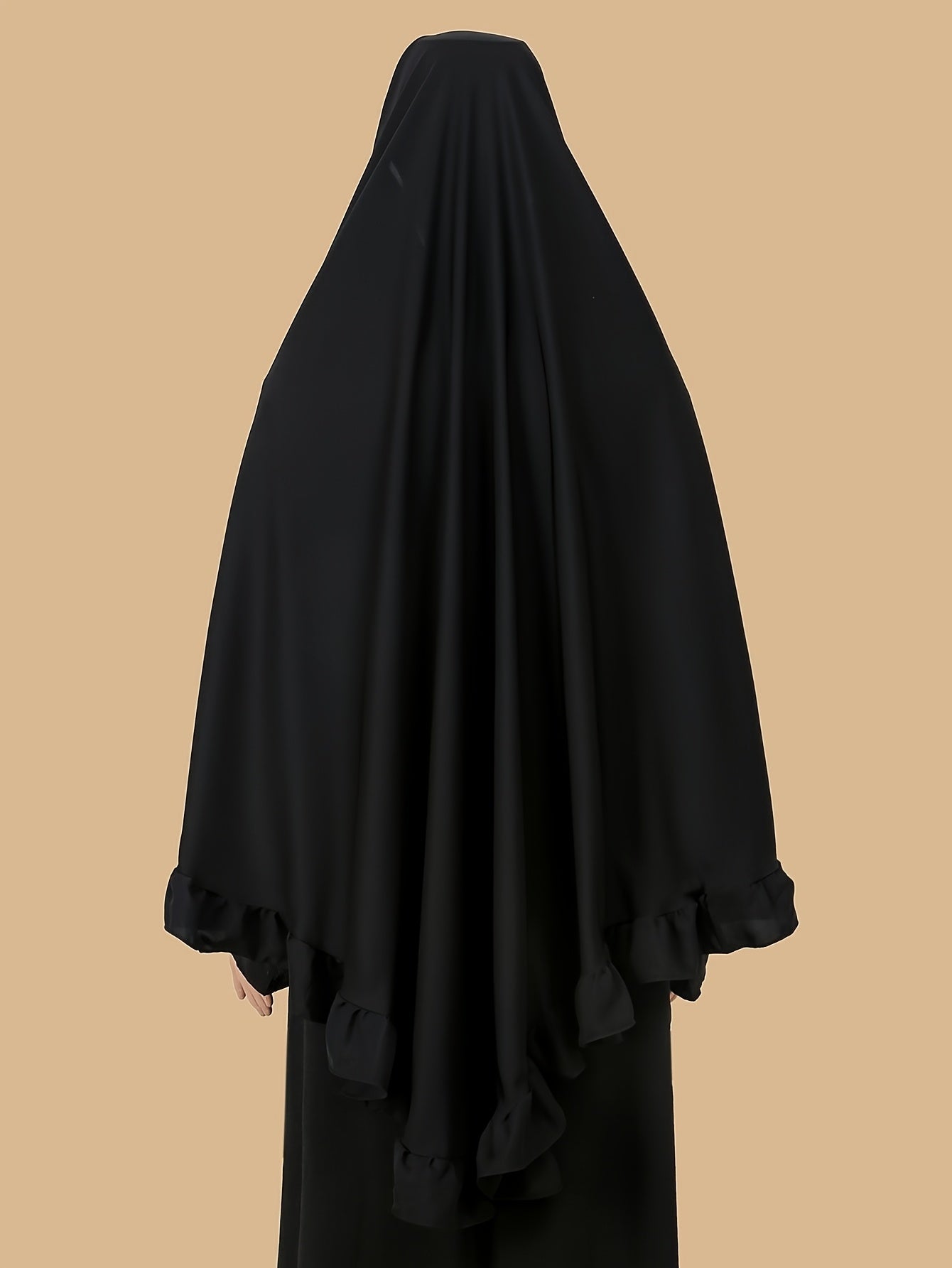 1pc Muslim Prayer Khimar Abaya Burqa - Arabian Style Modest Covering with Ruffled Hem & Wooden Edge, Machine Washable All-Season Solid Color Brown Hijab Scarf, Prayer Shawl for Women