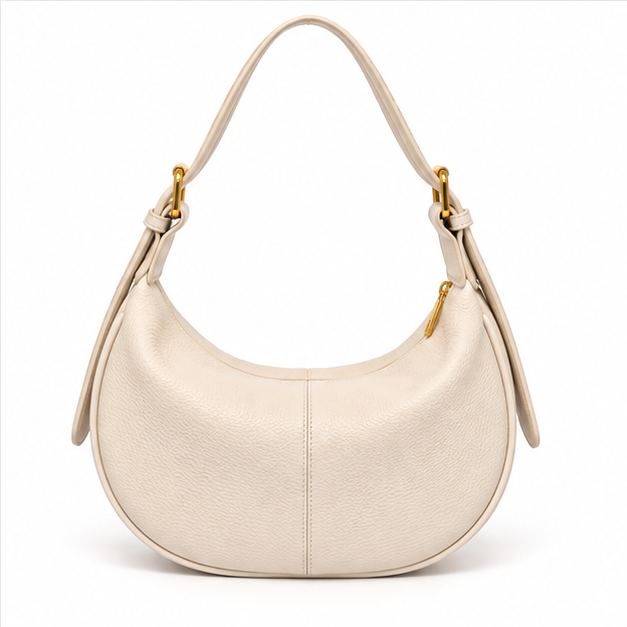 Beige Crescent Pebbled Leather Shoulder Bag