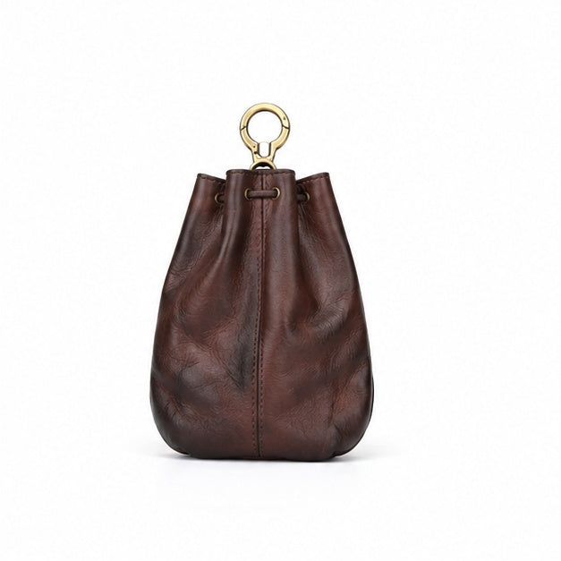 Vintage Brown Leather Drawstring Key Pouch