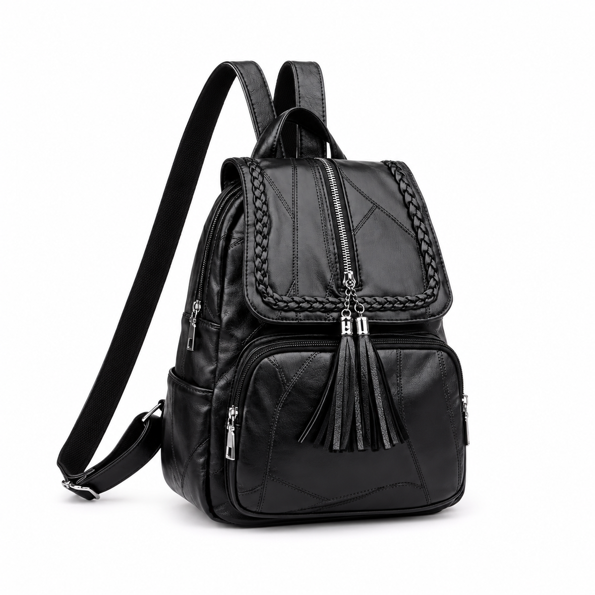 Black Braided Trim Tassel Fashion Backpack