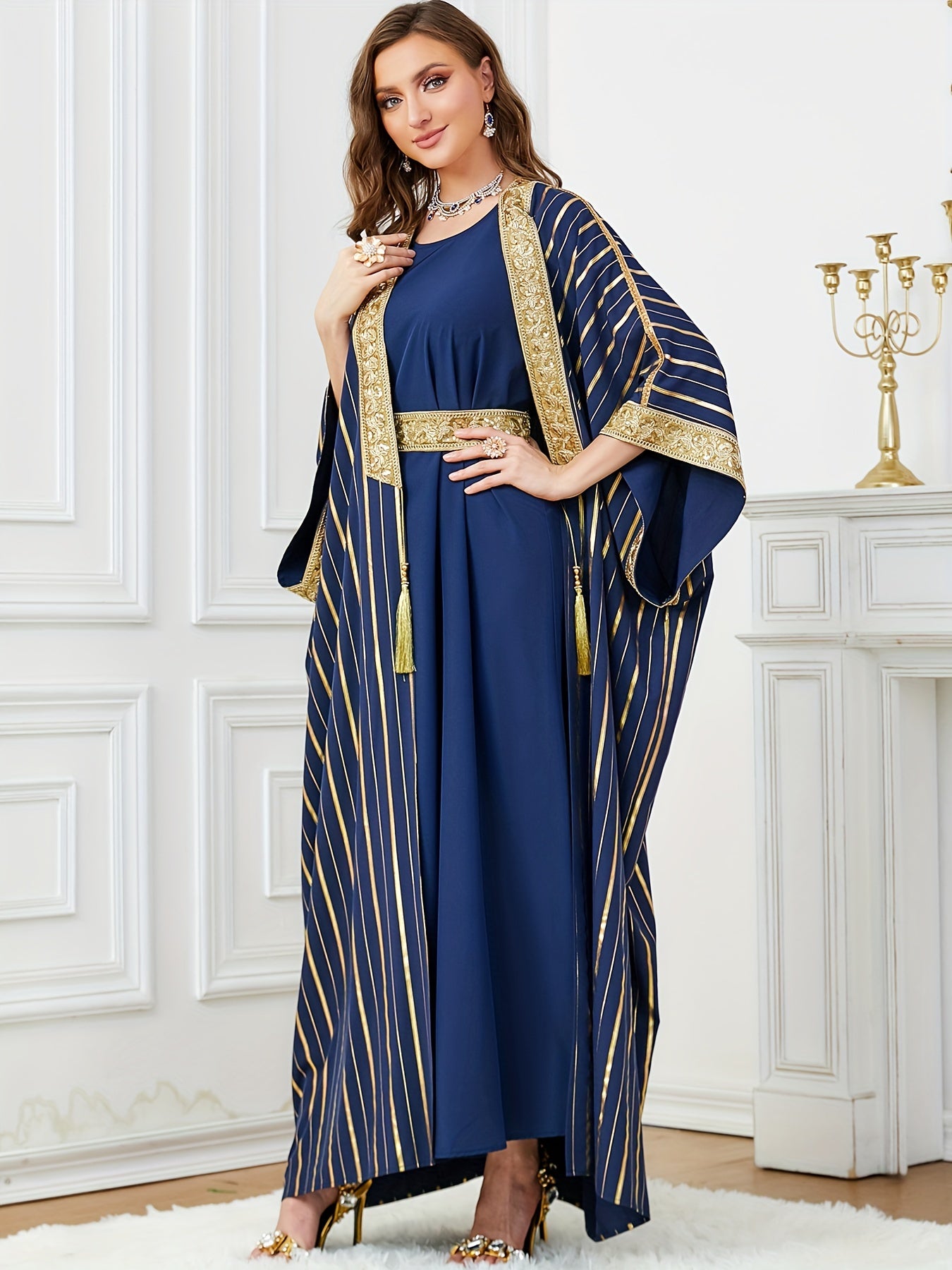 Oriented Spot Middle East Dubai Muslim Women's Abaya Four Seasons Round Neck Ramadan New Long Dress Regular Fit Ultra Thick Texture Super Soft Fabric Open Front Two-Piece Set Golden Belt