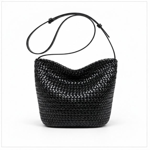 Woven Black Slouchy Adjustable Bucket Bag