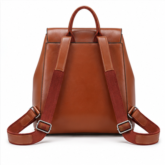 Cognac Brown Leather Adjustable Flap Backpack