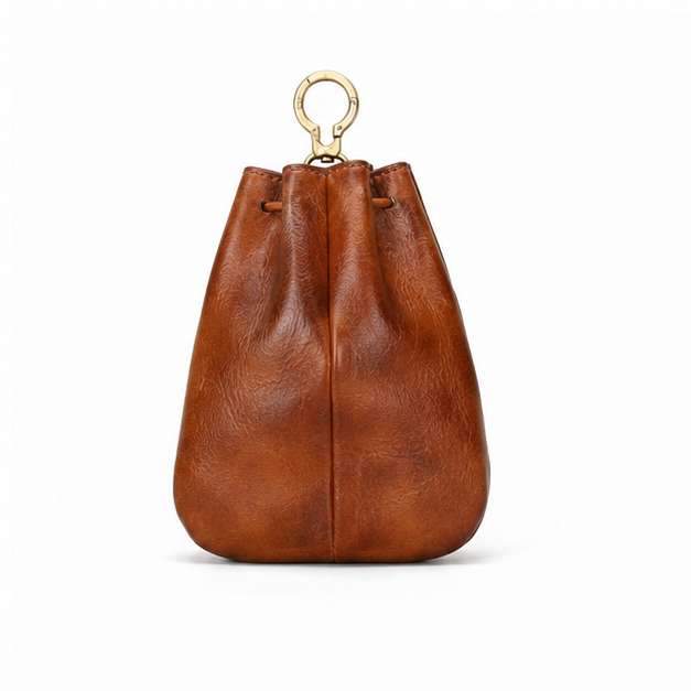 Vintage Brown Leather Drawstring Key Pouch Bag