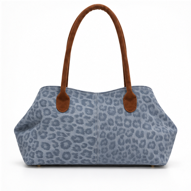 Blue Leopard Print Suede Trim Tote