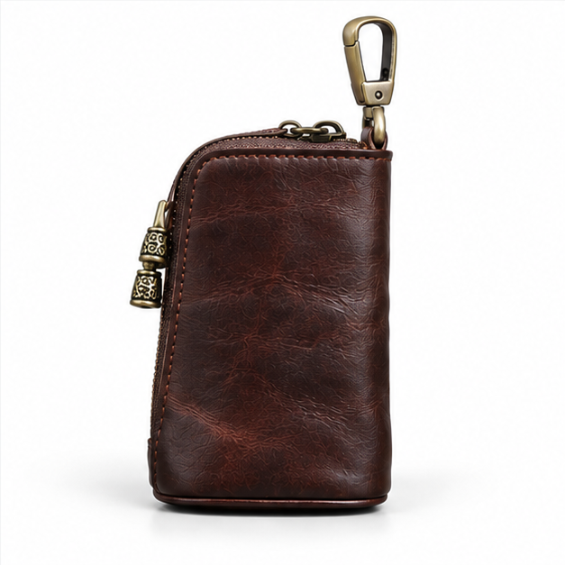 Vintage Coffee Leather Zipper Key Pouch