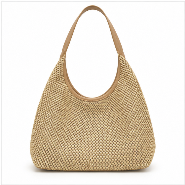 Khaki Woven Raffia Shoulder Hobo Bag