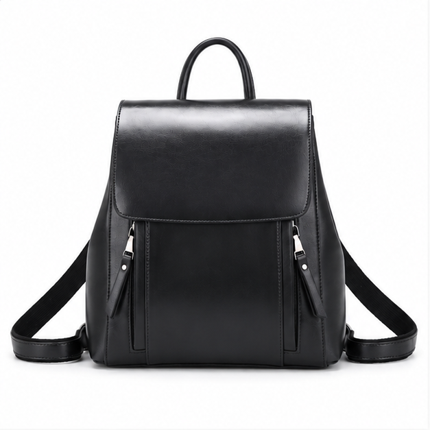 Sleek Black Adjustable Leather Backpack