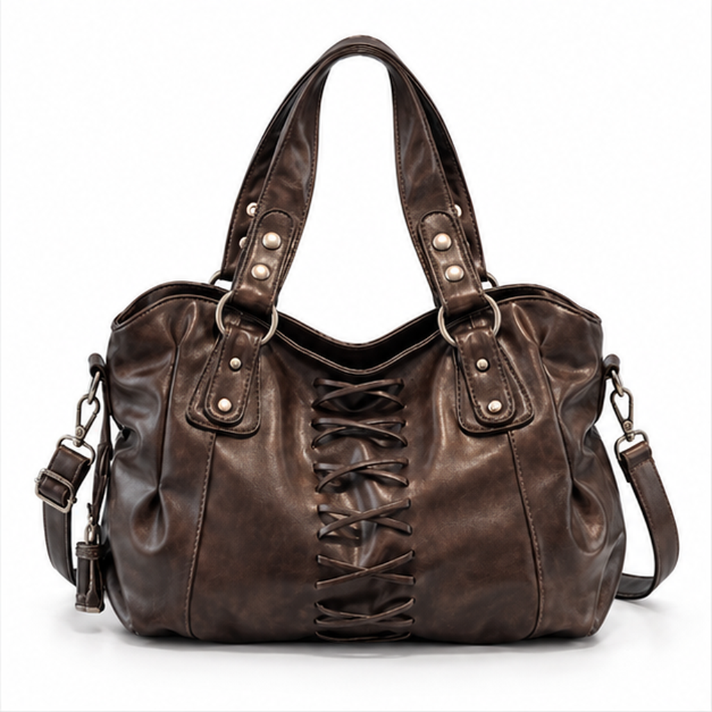 Vintage Lace-Up Coffee Leather Shoulder HandBag