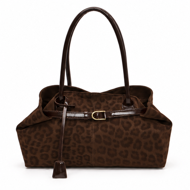 Brown Leopard Print Structured Shoulder Tote