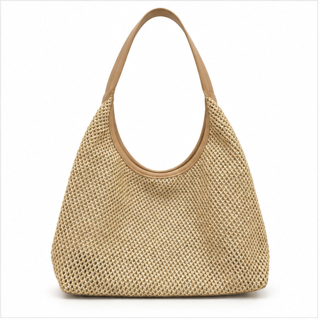 Khaki Woven Raffia Shoulder Hobo Bag