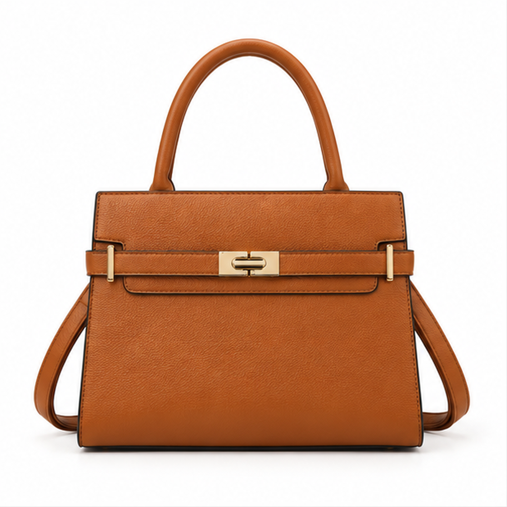 Cognac Structured Leather Top Handle Handbag