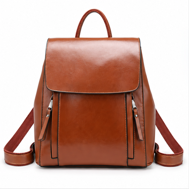 Cognac Brown Leather Adjustable Flap Backpack