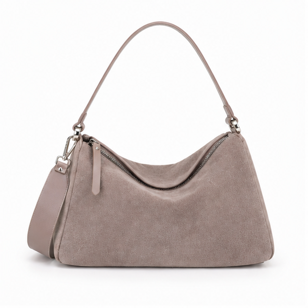 Grey Suede Slouchy Hobo Shoulder Bag