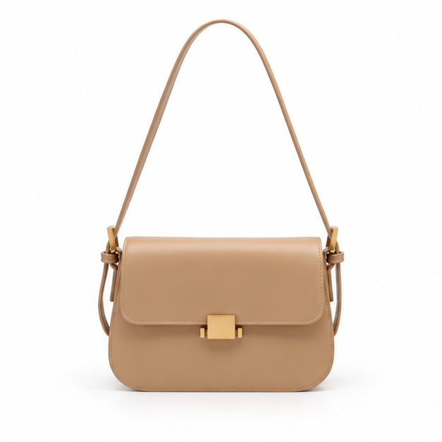 Elegant Khaki Structured Leather Shoulder  Bag
