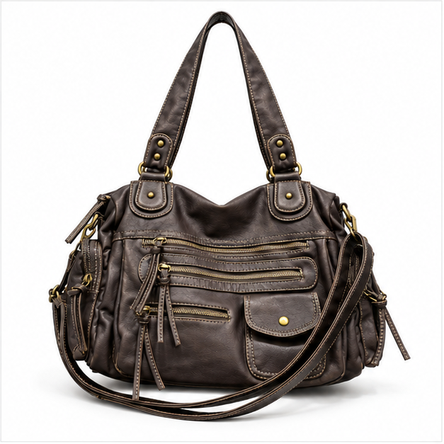 Vintage Brown Multi-Pocket Leather Shoulder Bag