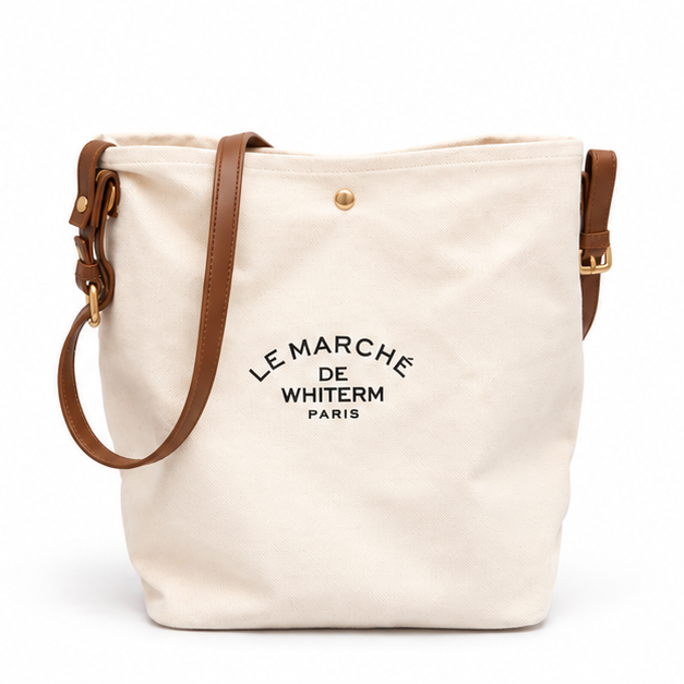 Ivory Canvas Tote With Brown Straps