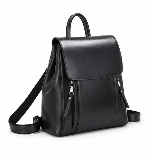 Sleek Black Adjustable Leather Backpack